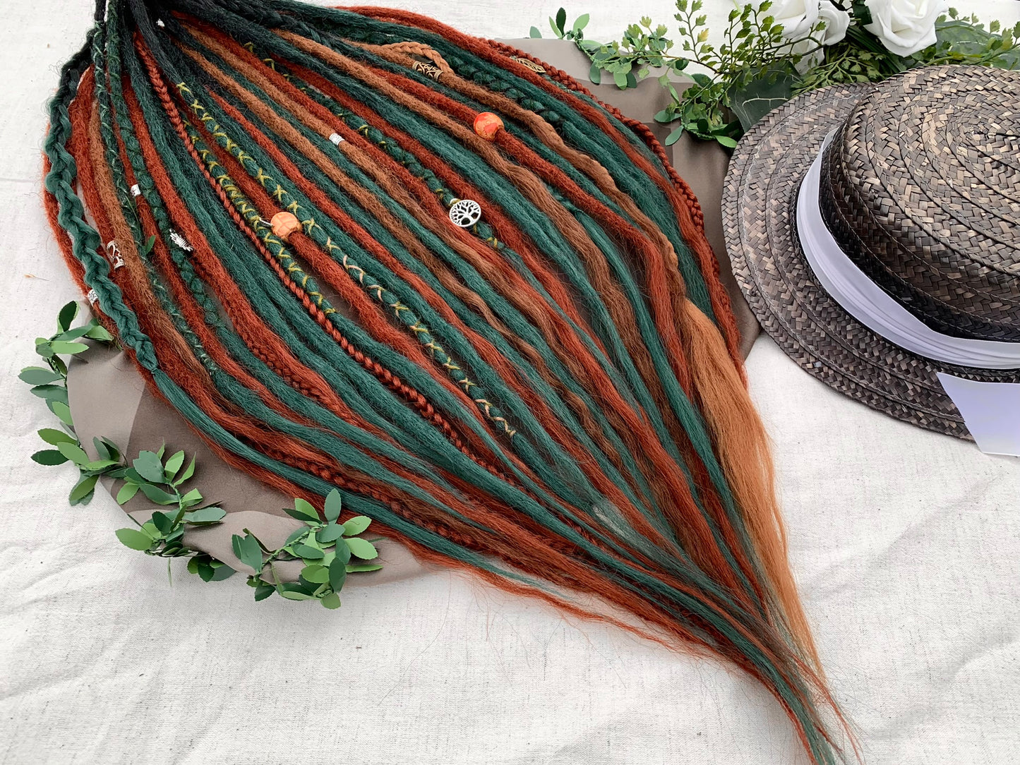 Celtic Herbalist crochet and thick synthetic dreadlocks in green and copper handmade custom made dreads