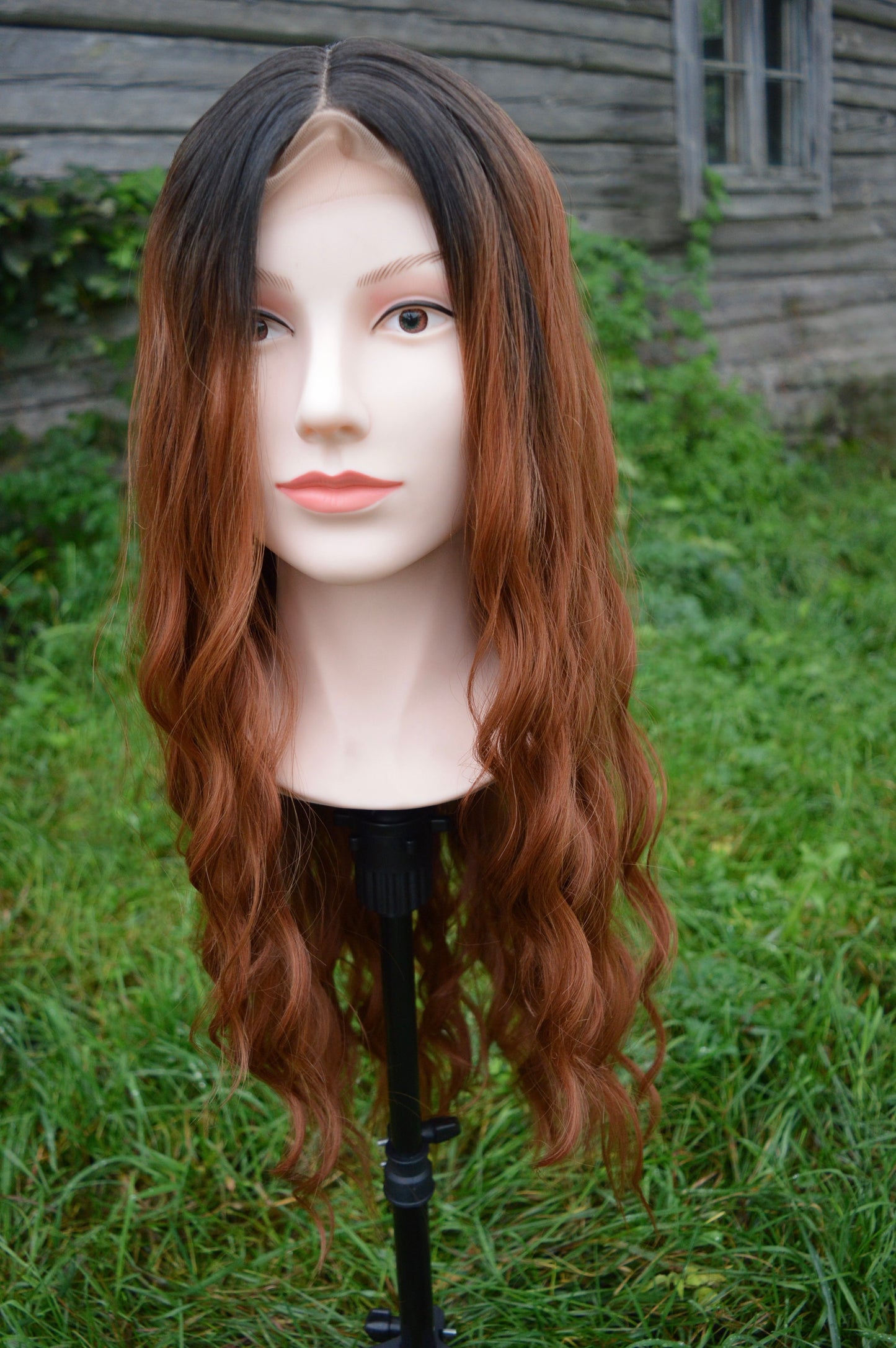 Cozy Autumn wig - black to copper/ginger wavy middlepart 60cm