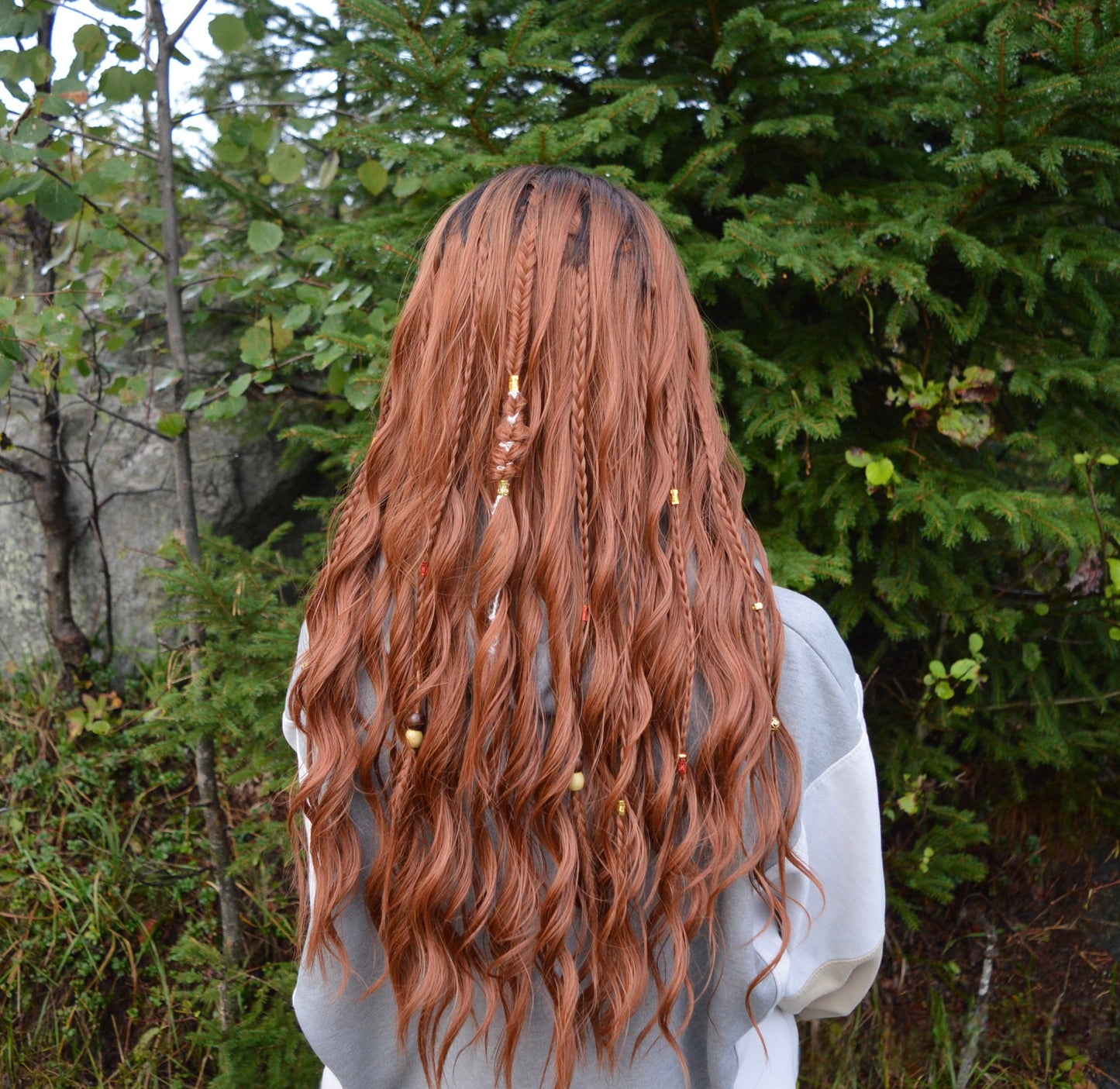 Cozy Autumn wig - black to copper/ginger wavy middlepart 60cm