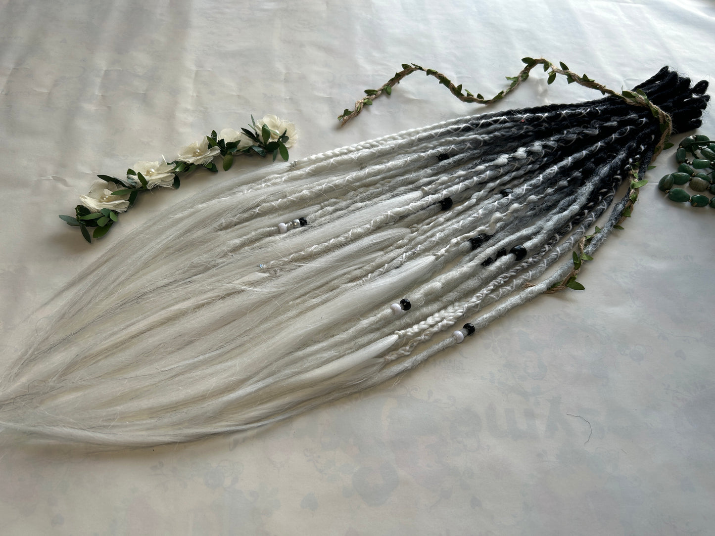 Snow Ghost black to white synthetic Dreadlocks, One-of-One, Nordic Locs Atelier