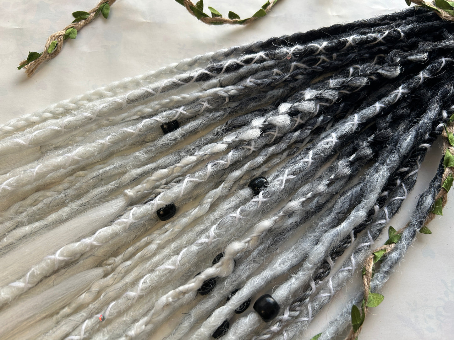 Snow Ghost black to white synthetic Dreadlocks, One-of-One, Nordic Locs Atelier