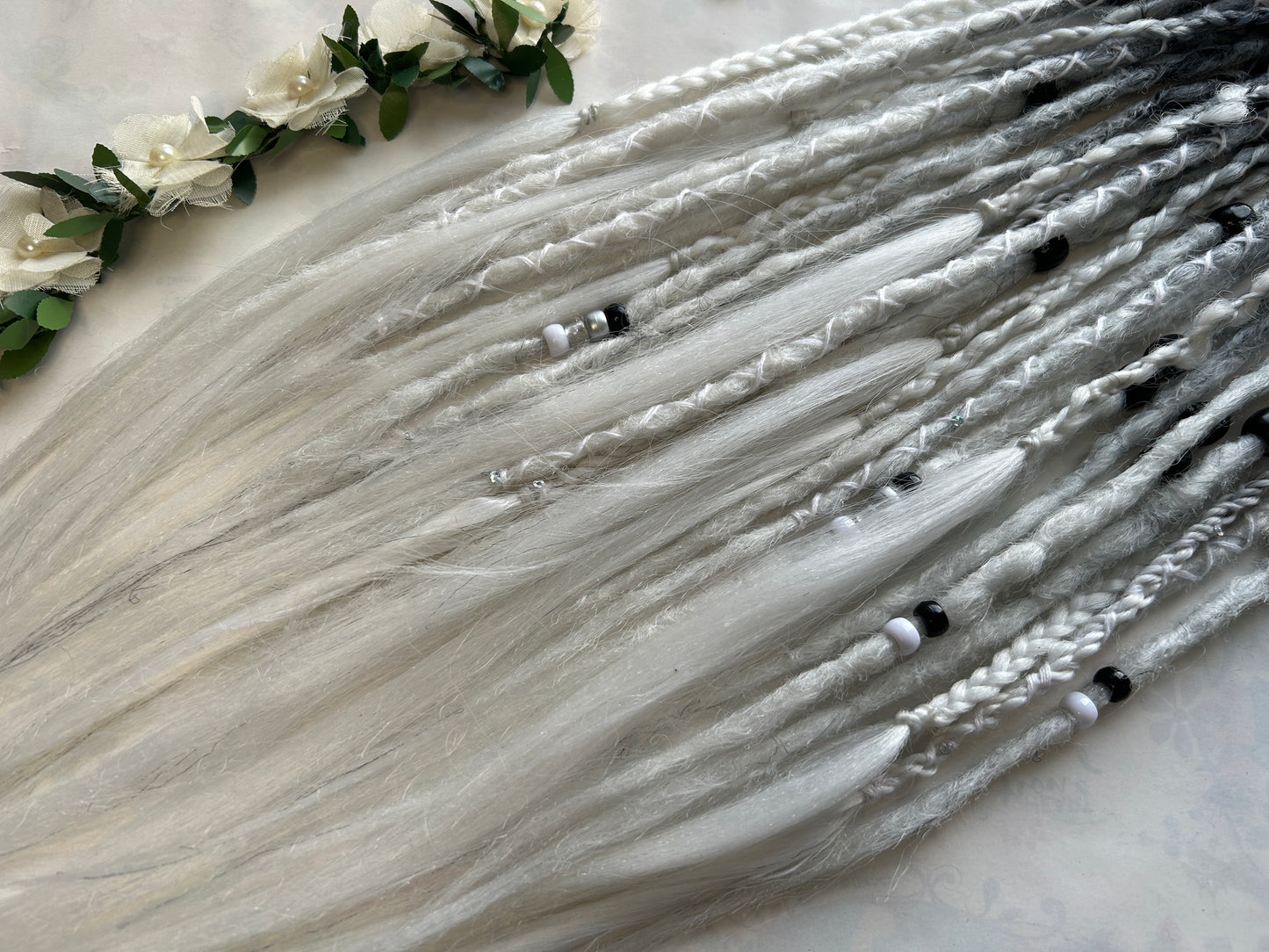 Snow Ghost black to white synthetic Dreadlocks, One-of-One, Nordic Locs Atelier